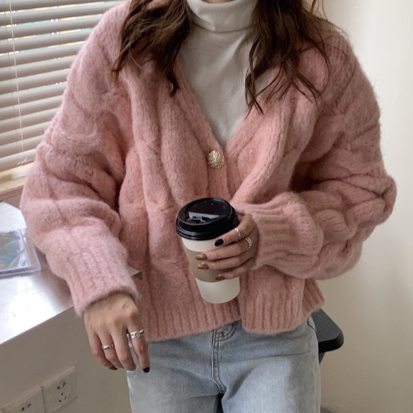 Cardigan sweater cable knit pink cream white womens button long sle… - Picture 14 of 16